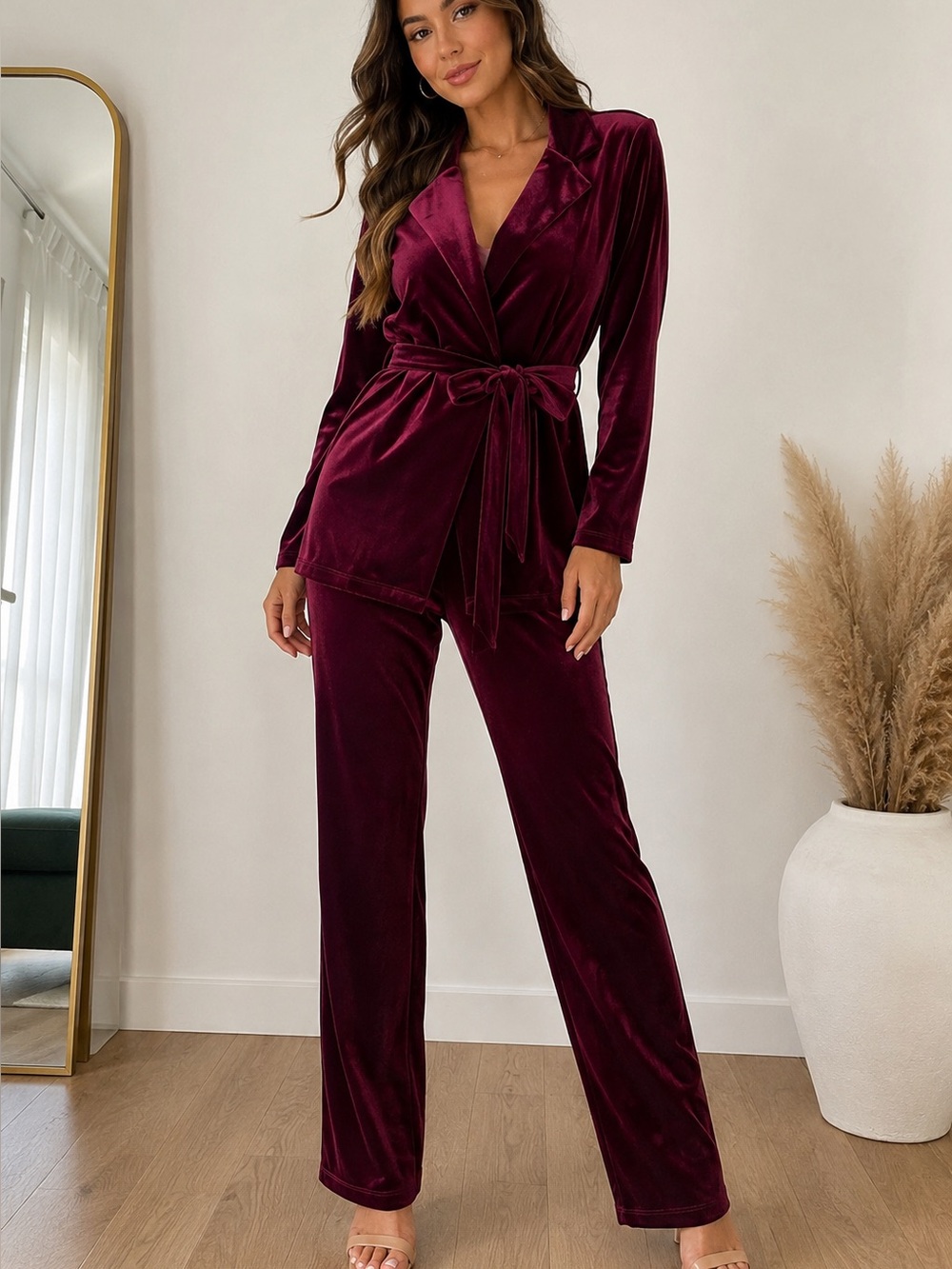 NWT Velvet Tie-Waist Set in Deep Wine Small